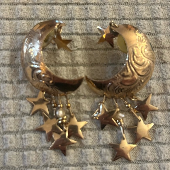 Moon and Starts Gold Earrings - Picture 1 of 5